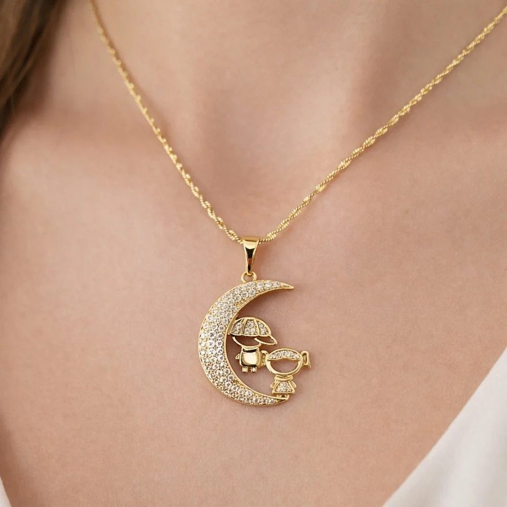 Gold Plated Moon Mom Necklace Boy Girl Pendant 22” Chain CZ Family Love Gift